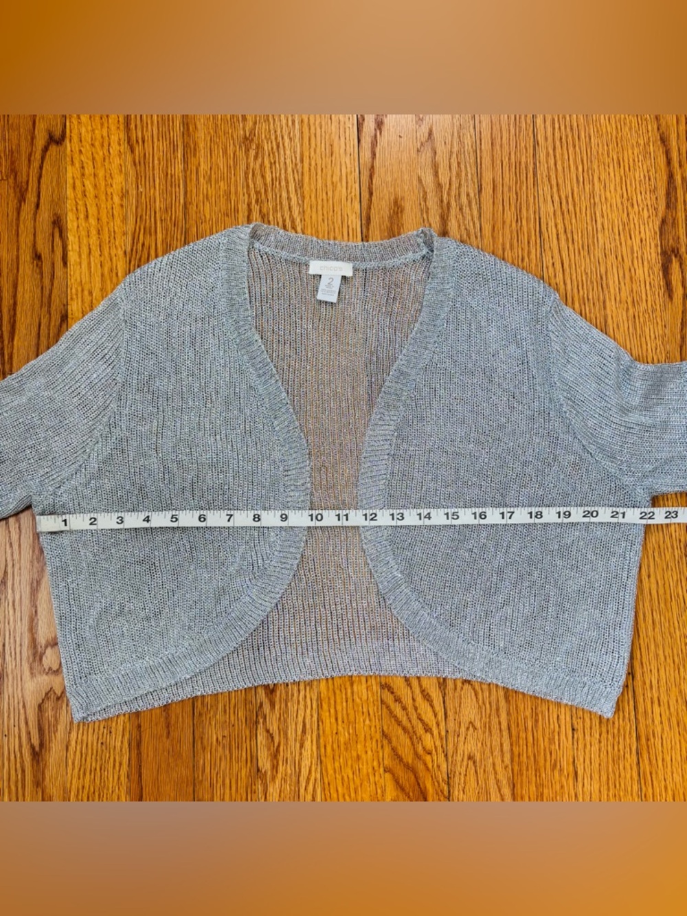 Chico's preppy slouchy silver metallic open front short sleeve crop cardigan L - Picture 12 of 15